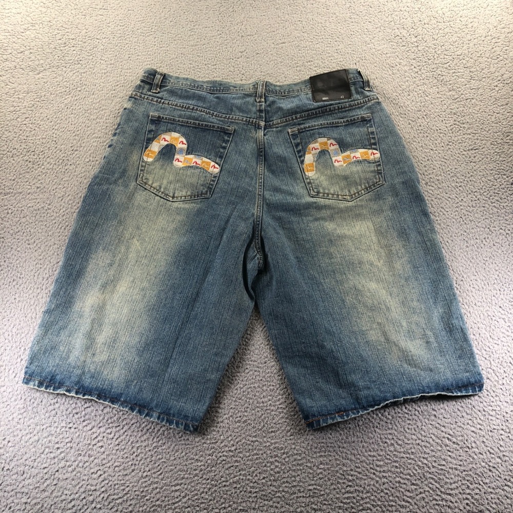 Vintage Evisu Jeans Shorts Mens 42 Blue Baggy Embroidered Skater Y2K Faded